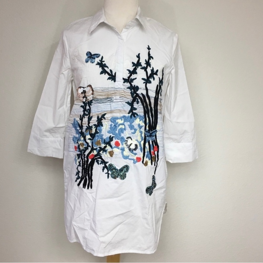 Womens White Embroidered Floral Beaded Butterfly Tunic Blouse Size Large Coastal